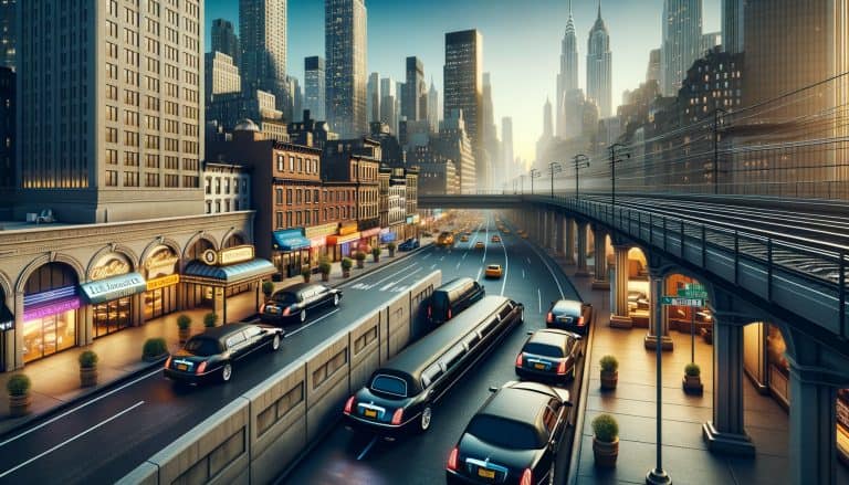 Limousines driving through modern city with elevated railway