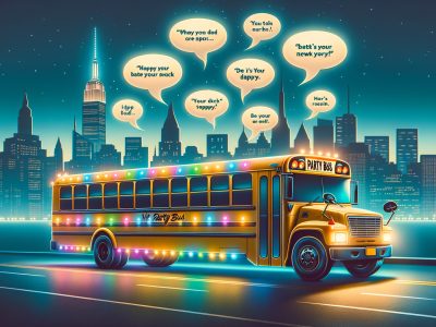 Colorful party bus driving past city skyline at night