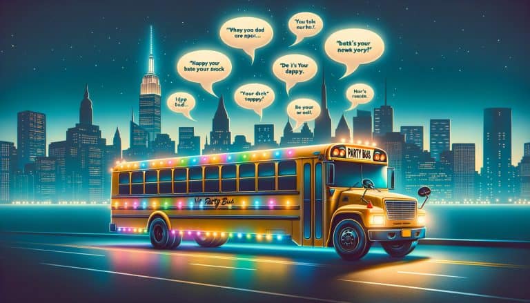 Colorful party bus driving past city skyline at night