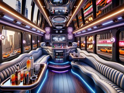 Luxury limousine interior with neon lights and city view