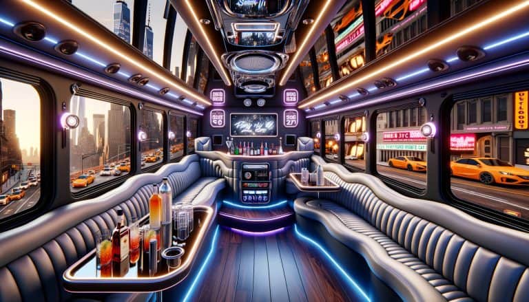 Luxury limousine interior with neon lights and city view