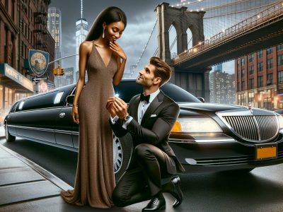 Man proposing beside limousine under Brooklyn Bridge