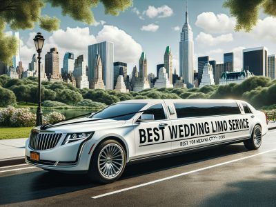 White wedding limousine in Central Park, NYC skyline.