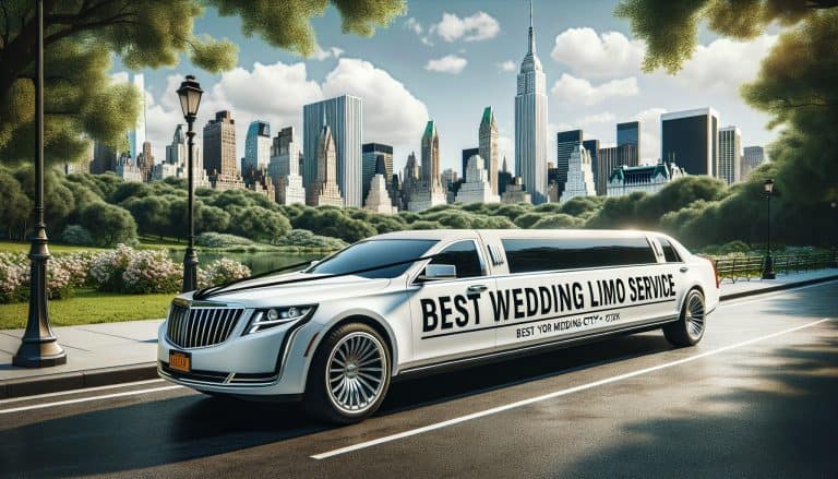 White wedding limousine in Central Park, NYC skyline.