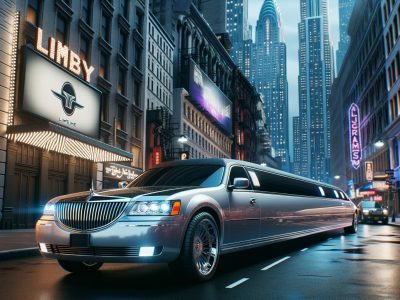 Silver stretch limousine on neon-lit city street at night