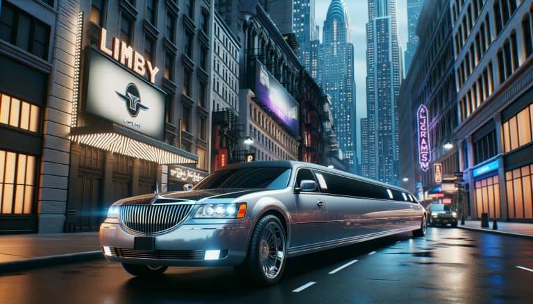 Silver stretch limousine on neon-lit city street at night