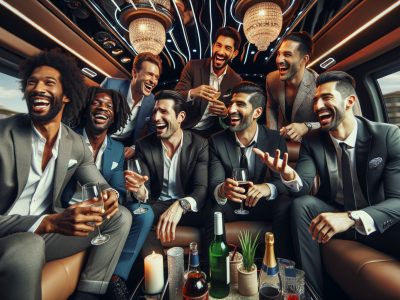 Seven men in suits celebrating inside luxury limousine