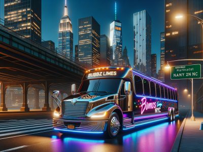 Neon-lit party bus driving through New York City