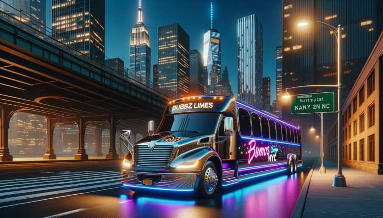Neon-lit party bus driving through New York City