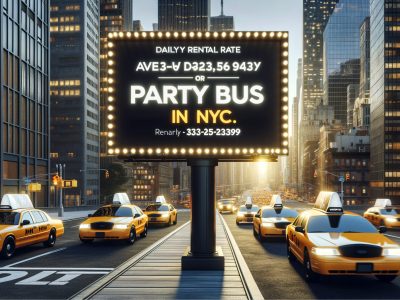 NYC street with taxis and party bus billboard