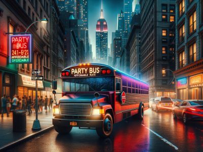 Party bus driving through neon-lit city street at night