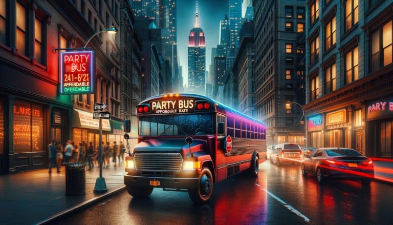 Party bus driving through neon-lit city street at night
