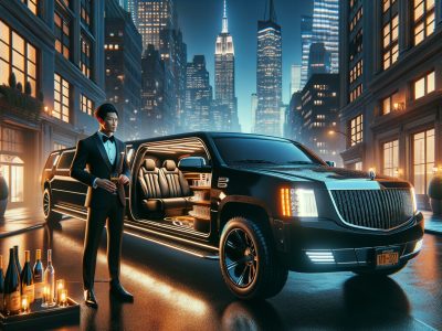 Man in tuxedo beside luxury SUV limousine at night