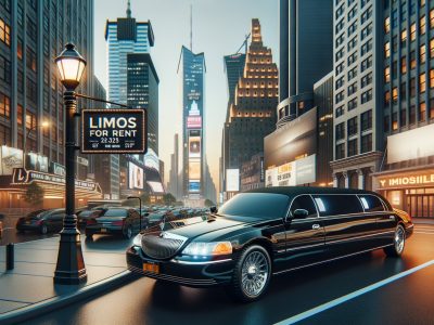 Black stretch limousine in city at night with billboards