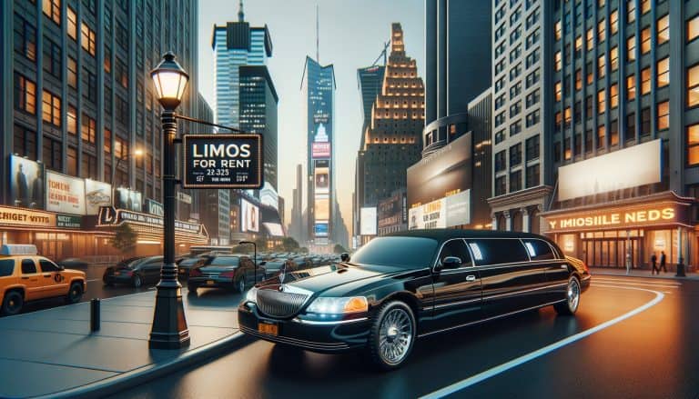 Black stretch limousine in city at night with billboards