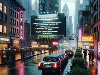 Rainy city street with neon signs and limousine