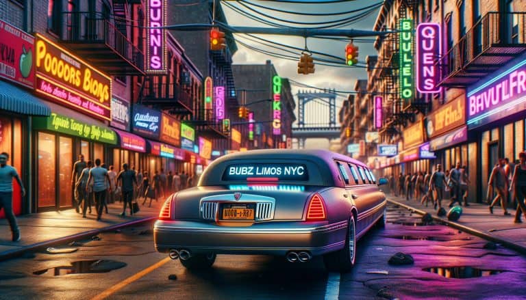 Stretch limousine on neon-lit New York City street