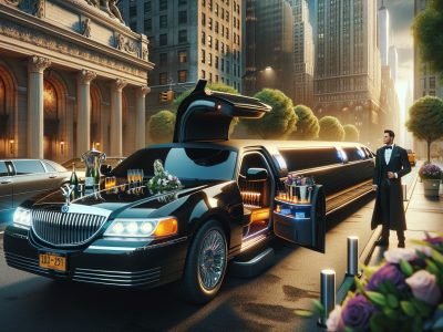 Luxury black limousine with open door in city street