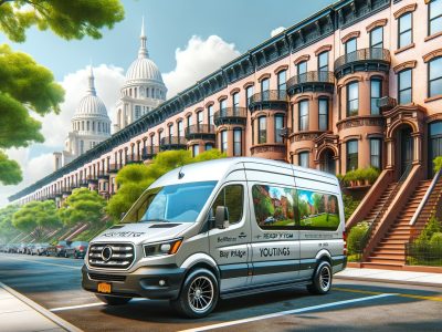 Branded van parked on brownstone-lined city street