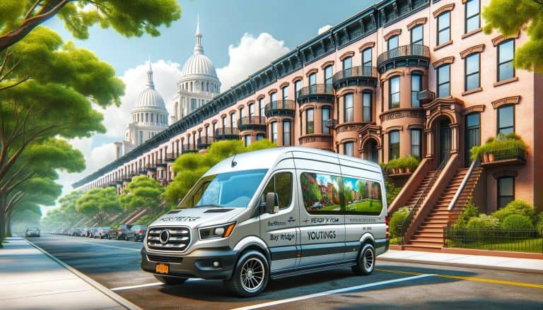Branded van parked on brownstone-lined city street