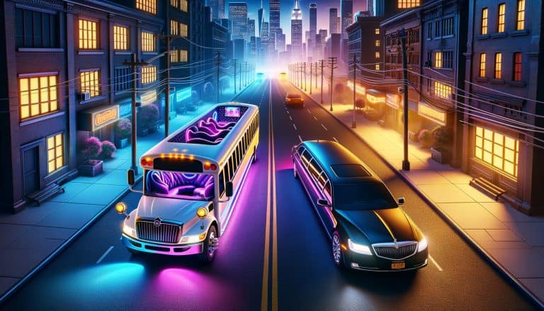 Neon-lit party bus and limousine downtown at night