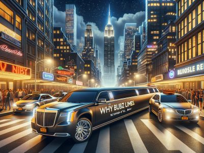 Stretch limousine on busy New York street at night