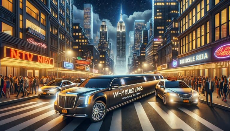 Stretch limousine on busy New York street at night