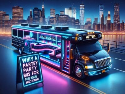 Neon-lit party bus with city skyline at night
