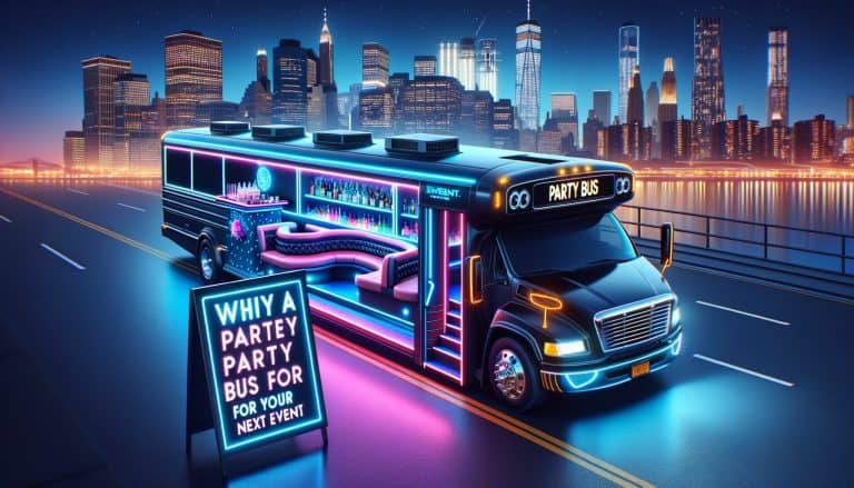 Neon-lit party bus with city skyline at night