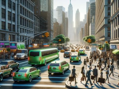 Busy city street with green vehicles and pedestrians