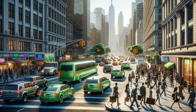 Busy city street with green vehicles and pedestrians