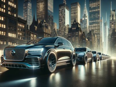 Luxury SUVs lined up in nighttime city skyline