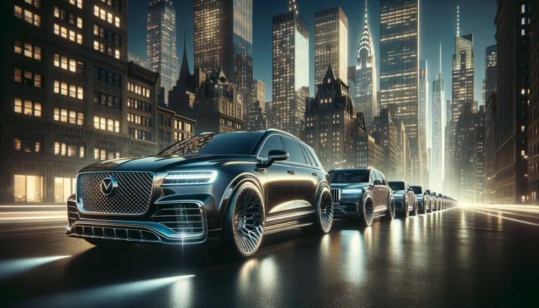 Luxury SUVs lined up in nighttime city skyline