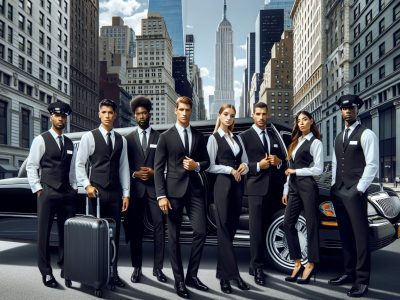 Professional chauffeur team beside limousine in New York