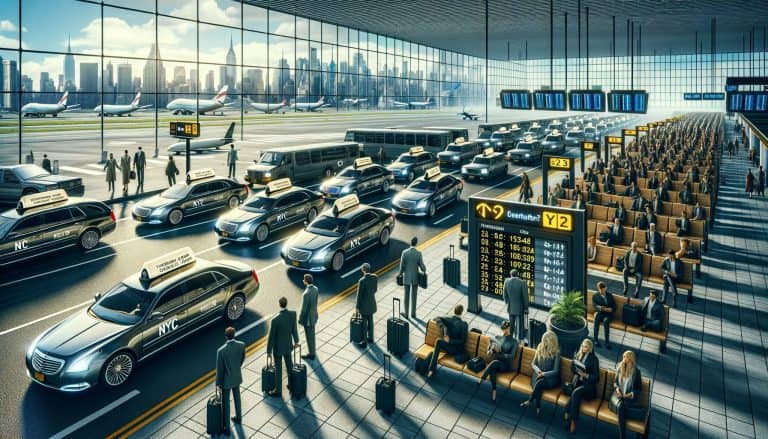 Busy airport terminal with taxis and waiting passengers