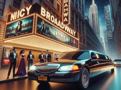 Limousine outside Broadway theater with elegantly dressed guests