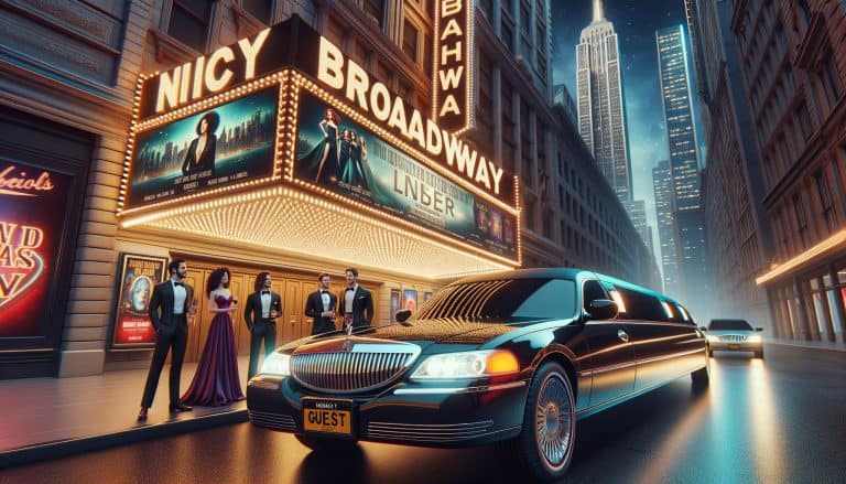 Limousine outside Broadway theater with elegantly dressed guests