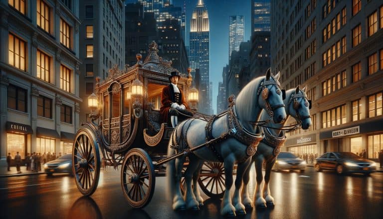 Ornate horse-drawn carriage in modern city at night