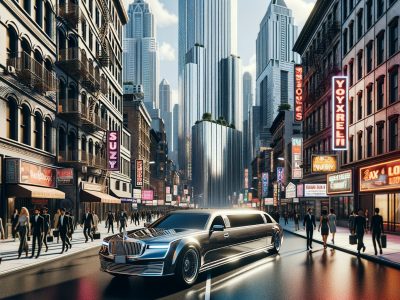Black limousine on busy downtown city street