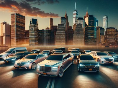 Luxury cars lined up before Manhattan skyline at sunset