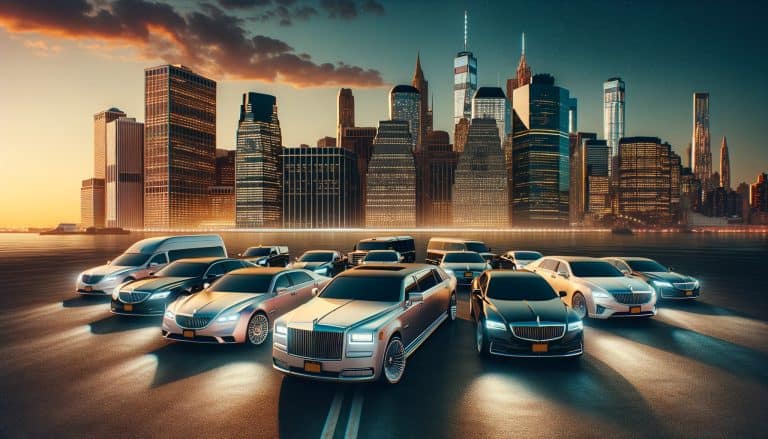 Luxury cars lined up before Manhattan skyline at sunset