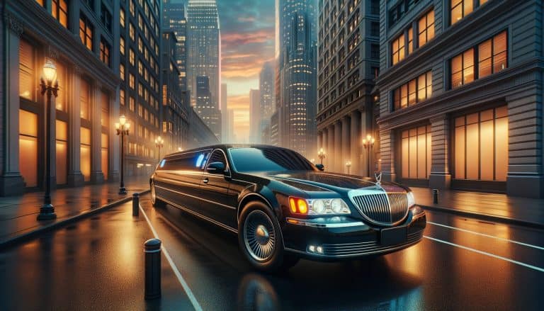 Black stretch limousine on city street at dusk