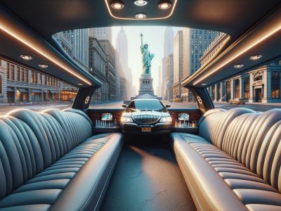 Luxury limousine interior facing Statue of Liberty.