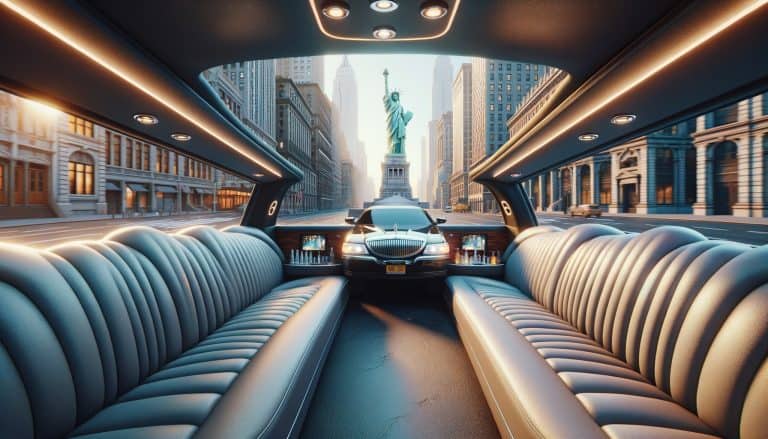 Luxury limousine interior facing Statue of Liberty.