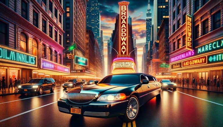 Black limousine on Broadway at dusk with neon lights