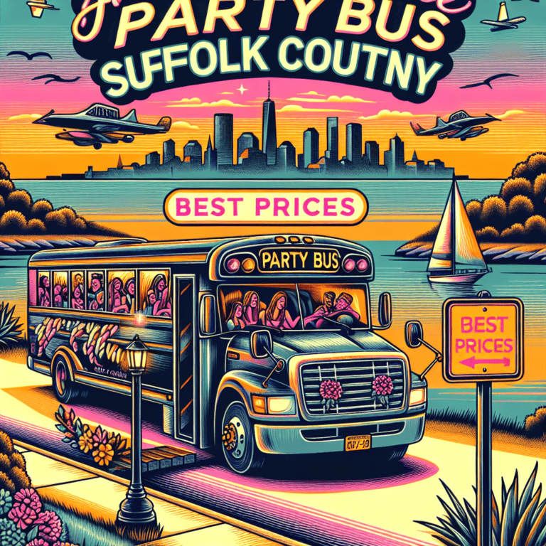 Colorful party bus advertisement with city skyline backdrop
