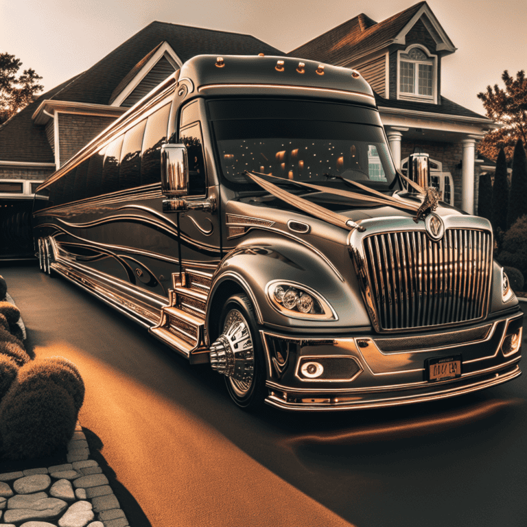 Luxury custom tour bus parked outside suburban home