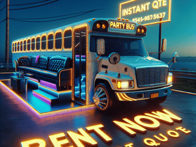 Neon-lit party bus with rent now sign