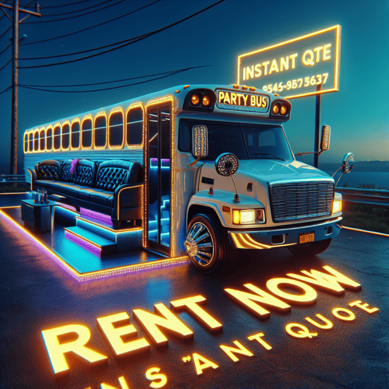 Neon-lit party bus with rent now sign