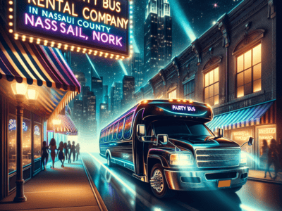 Neon-lit party bus driving through city nightlife